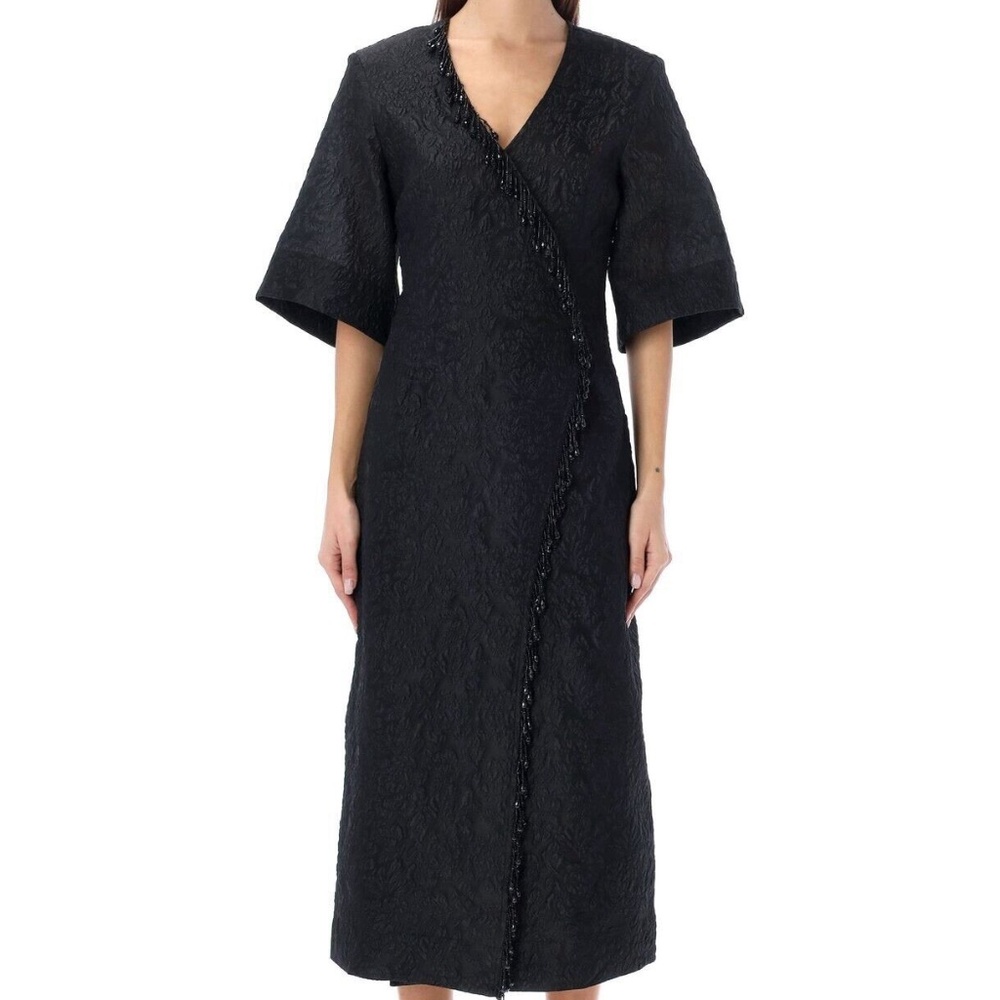 Ganni Jacquard Organza Bead Fringe Wrap Dress EU34/ US2